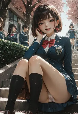Springtime Schoolgirl Sitting on Steps