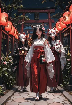 Shrine Maidens with Kitsune Masks
