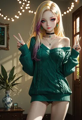 Cozy Girl With Peace Sign Pose