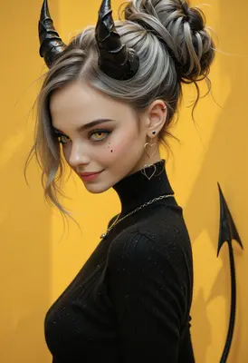 Charming Demon Girl in Black Turtleneck
