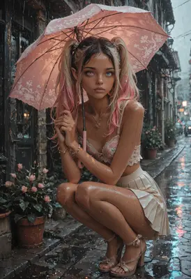 Girl with Umbrella in the Rain