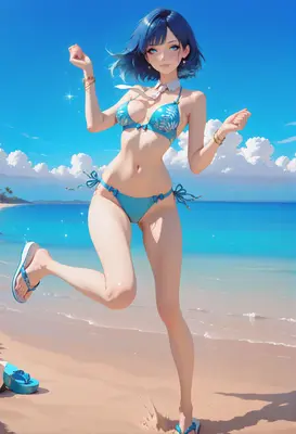 Cheerful Blue Haired Girl at Beach