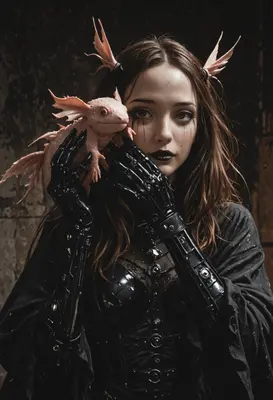 Gothic Girl with Axolotl Companion