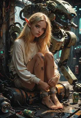 Elf Mechanic Beside Her Worn Mech