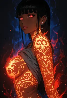 Fiery Goddess with Glowing Tribal Tattoos
