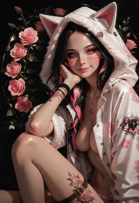 Cat Girl in Floral Hooded Jacket