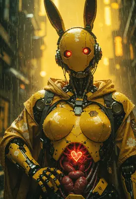 Cybernetic Rabbit Android in Rainy City