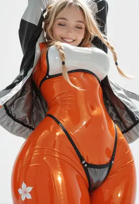 Radiant Blonde in Glossy Orange Suit