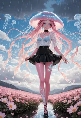 Ethereal Jellyfish Maiden in Flower Field