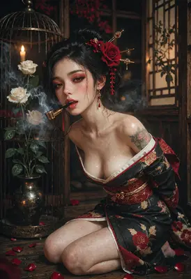 Elegant Geisha Smoking With Roses