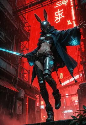 Cybernetic Rabbit Warrior in Neon Alley