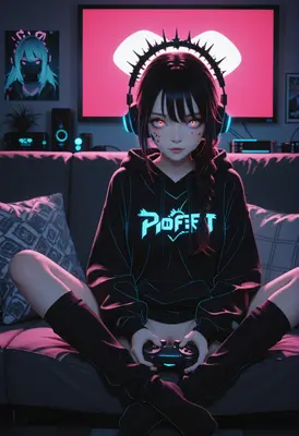 Neon Gamer Girl Relaxing on Couch
