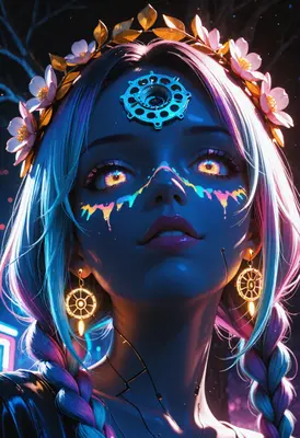 Neon Cybernetic Maiden with Floral Crown