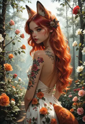 Fox Girl in a Rose Garden