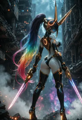 Cybernetic Warrior with Rainbow Hair