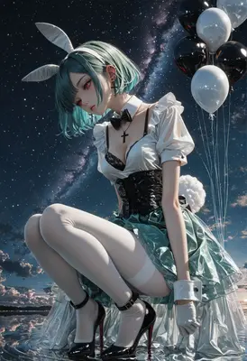 Starlit Bunny Girl with Black Balloons