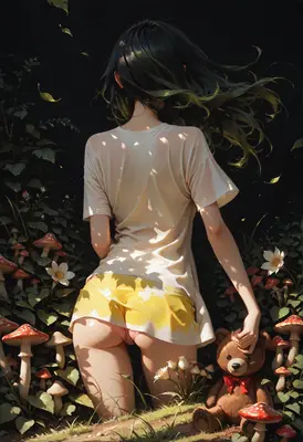 Girl With Teddy Bear In Forest