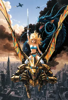 Warrior Maiden Riding Golden Mechanical Dragon