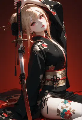 Blonde Samurai in Floral Kimono