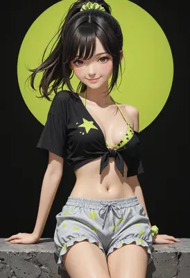 Cheerful Girl in Lime Star Attire