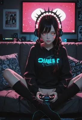 Cyberpunk Gamer Girl in Neon Room