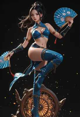 Graceful Warrior With Blue Fans