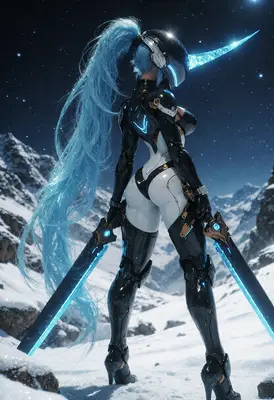 Futuristic Cybernetic Warrior in Snowy Peaks