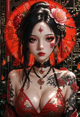 Elegant Geisha with Floral Tattoos