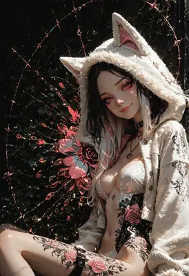 Mystical Fox Girl in Floral Hoodie