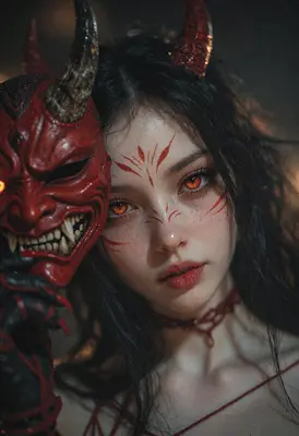 Demon Girl With Red Oni Mask