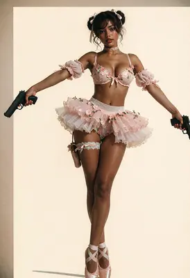 Armed Ballerina in Pink Floral Lingerie