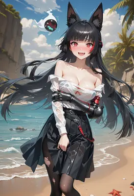 Wet Nekomimi Girl at the Beach