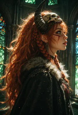 Redheaded Warrior with Horned Skull Headdress