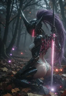 Cyborg Warrior Resting in Misty Forest