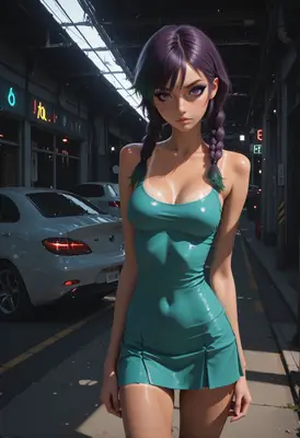 Purple Haired Girl in Teal Dress