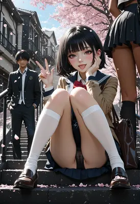 Playful Schoolgirl Sitting on Stone Stairs