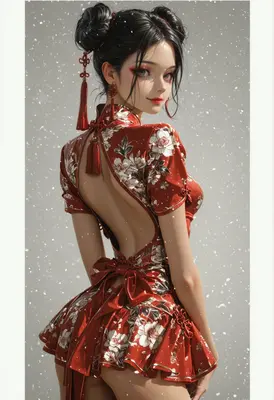 Elegant Beauty in Red Floral Qipao