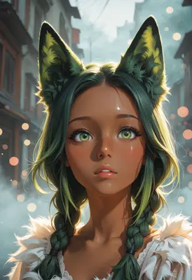 Enchanting Green Haired Fox Girl Portrait