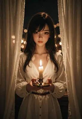 Girl Holding Candle by Night Window