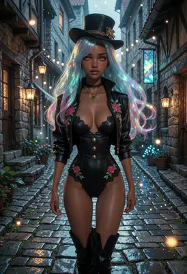 Neon Haired Sorceress in Evening Alley