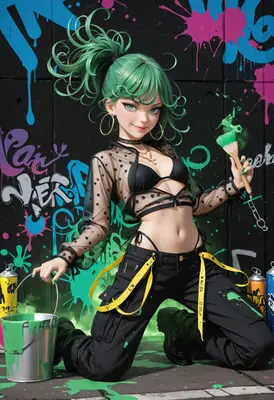 Street Style Graffiti Artist with Green Hair