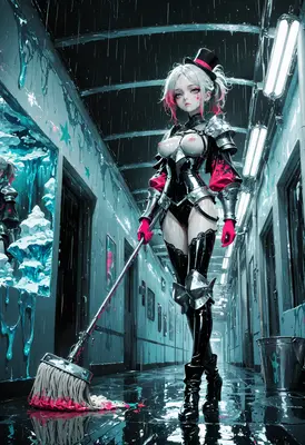 Cyberpunk Maid Cleaning a Rainy Hallway
