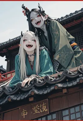 Joyful Oni Sisters on Temple Roof