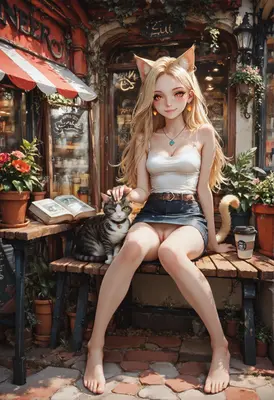 Cat Girl Relaxing at Cafe