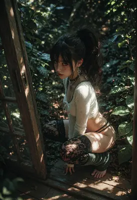 Enigmatic Girl Crouching in Forest