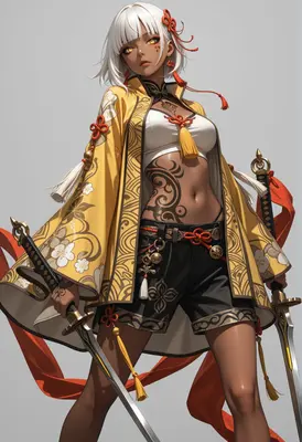 Dual Wielding Warrior with Floral Kimono