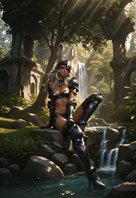 Rabbit Knight Resting by the Waterfall