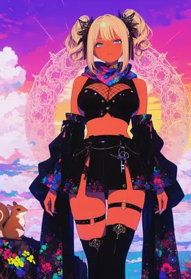 Neon Sunset Anime Girl and Squirrel