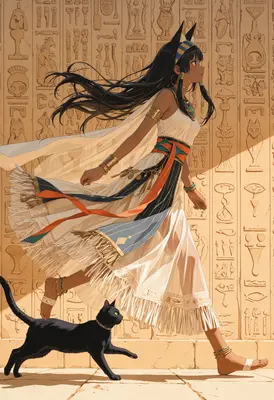 Egyptian Goddess Walking With Black Cat
