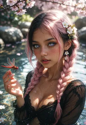 Pink Braided Hair Girl with Dragonfly